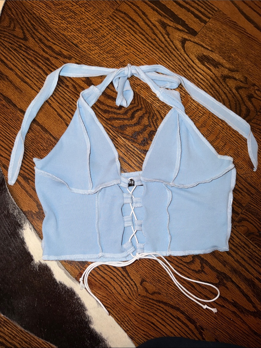 SHEIN Light Blue Ribbed Halter Lace-Up Crop Camisole